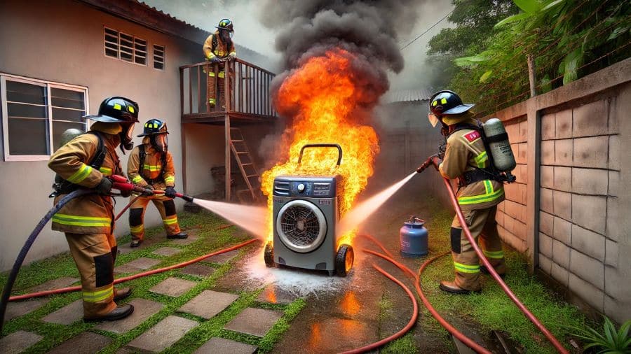 bombeiros apagando fogo de uma lavadora de alta pressão que superaqueceu