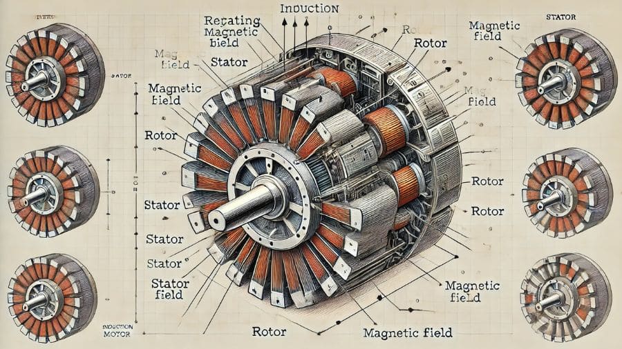 ilustração mostrando o funcionamento interno de um motor por indução